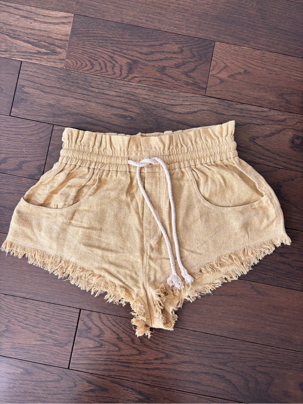 Women’s Mustard Drawstring Frayed Hem mini Shorts